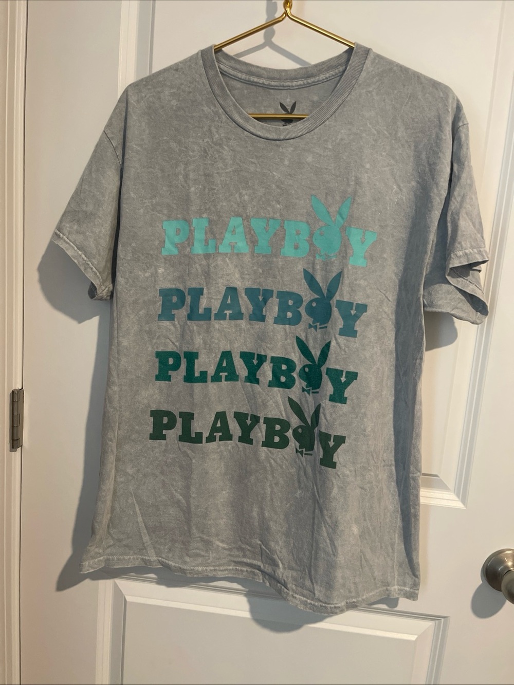 PLAYBOY Grey Tee with Aqua-to-Teal Gradient Logo Mens L 100% Cotton
